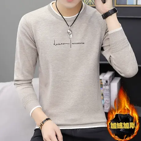 秋冬装新款男士毛衣圆领加绒加厚潮牌羊绒衫针织衫保暖衣服打底衫商品大图