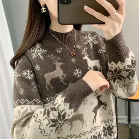 半高领毛衣女宽松内搭秋冬2025年新款洋气加厚提花打底针织上衣潮商品大图