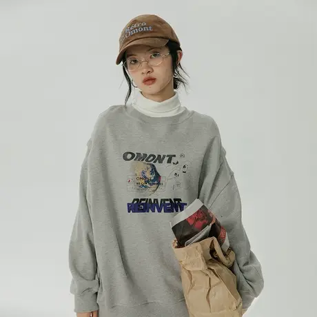 omont蛋挞家圆领灰色卫衣女春秋2022新款宽松设计感oversize上衣图片
