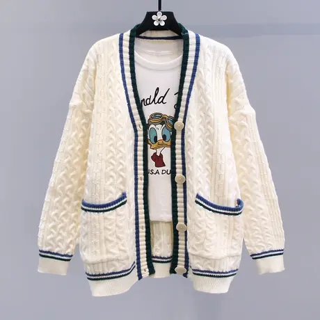 撞色V领麻花毛衣外套女秋冬2023新款宽松慵懒风中长款针织开衫商品大图