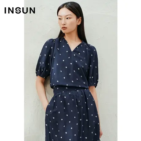 INSUN恩裳线上专选夏季斜纹印花冰丝打褶衬衫商品大图