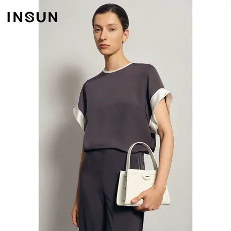 INSUN恩裳夏季撞色袖凉爽光泽感衬衫图片