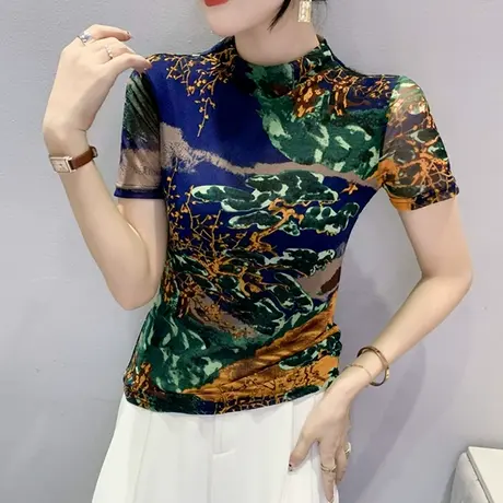 初秋半高领上衣女短袖复古印花网纱漂亮T恤洋气小衫修身显瘦体恤图片