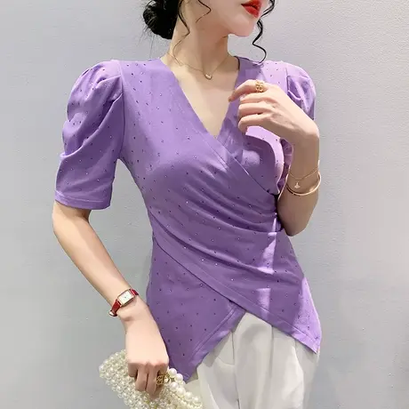 欧货设计感女装不规则开叉V领T恤短袖收腰洋气小衫百搭网红上衣夏图片