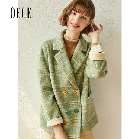 oece复古格纹毛呢外套冬新款女设计感文艺西装呢大衣图片