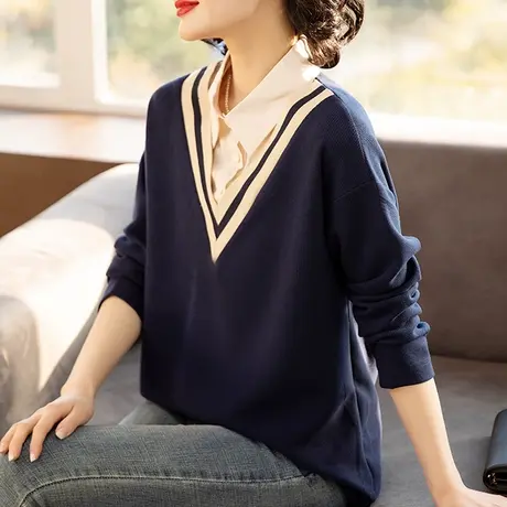 秋季长袖打底小衫女2023新款春秋假两件上衣时尚洋气大码t恤薄款商品大图