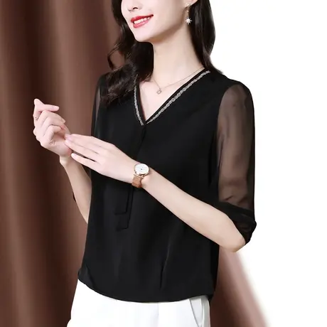 黑色真丝上衣女v领气质桑蚕丝衬衫女新款2023夏季五分袖雪纺衫女商品大图