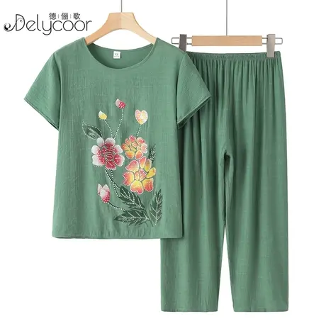 妈妈装2023夏装新款短袖棉绸套装中老年女装大码老人夏天奶奶衣服商品大图