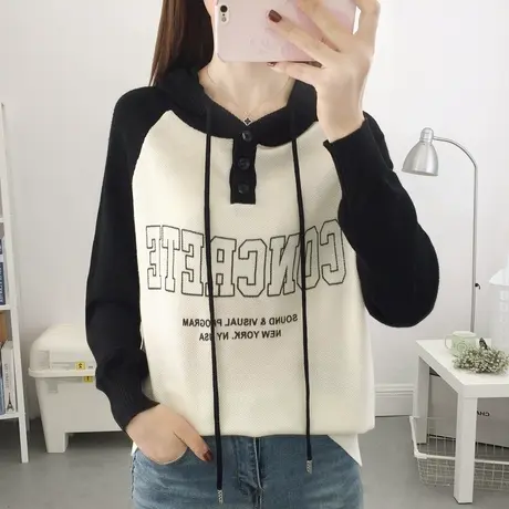 连帽卫衣女春装2023年新款字母拼色长袖套头毛衣外穿打底衫帽子衫商品大图