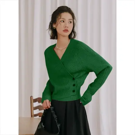 弥古v领绿色毛衣针织衫女春秋高级感慵懒法式交叉上衣设计感小众商品大图