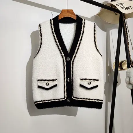 毛衣马甲开衫女秋冬新款小香风v领镶边无袖坎肩针织马夹背心外套商品大图