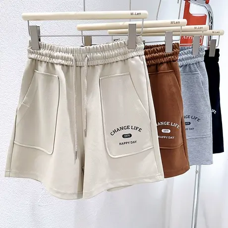 美式复古字母运动休闲裤女夏季新款学院风纯棉阔腿a字短裤灰黑色图片