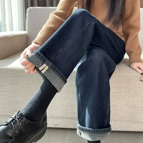 加绒牛仔裤女直筒宽松春秋冬季2023年新款阔腿加厚小个子烟管裤子商品大图