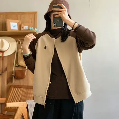 dza 复古德绒加厚外套女秋冬新款宽松拼接漂亮上衣加绒短款棒球服图片