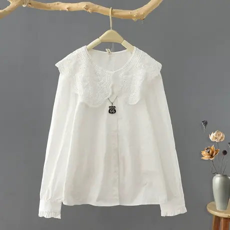 春装2024年新款甜美大翻领长袖衬衫女宽松百搭打底衬衣短款上衣图片