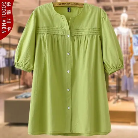 中年胖妈妈夏装V领纯棉上衣200斤大码宽松小衫洋气褶皱短袖衬衫女商品大图