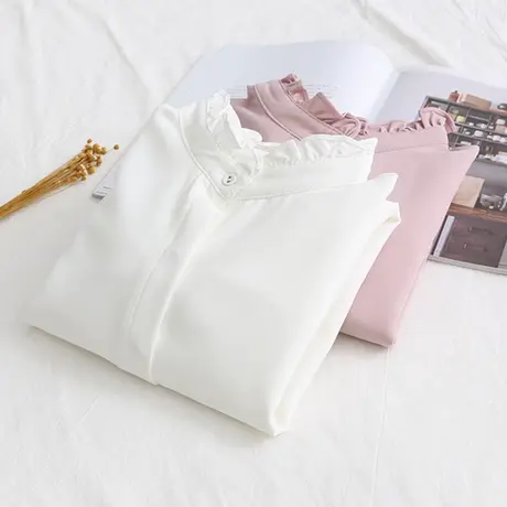 2019春装新款白色立领雪纺衬衫女长袖宽松百搭韩版灯笼袖衬衣打底图片