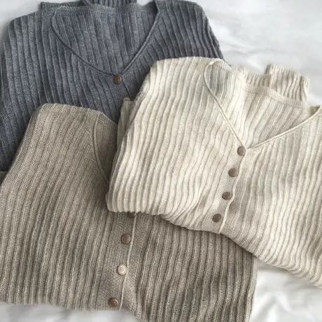 早秋新款韩版V领羊毛小金扣薄款针织小开衫百搭坑条长袖短外套女商品大图