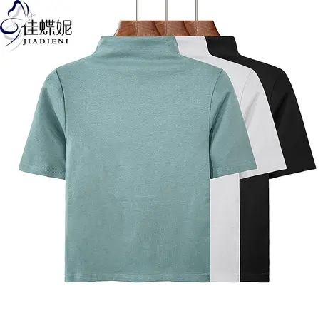 早秋新款半高领修身短款纯欲纯棉纯色性感中袖体恤上衣女打底衫商品大图