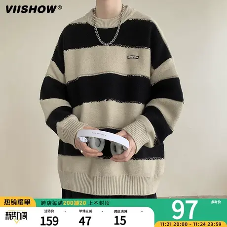 VIISHOW毛衣男秋冬季针织衫外套男生情侣青少年慵懒宽松条纹打底商品大图