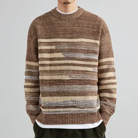 奕飏民族风撞色条纹提花圆领毛衣男2022冬新款潮微宽松套头针织衫图片