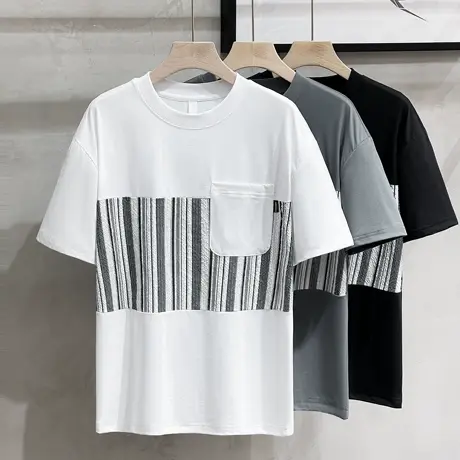 速干冰丝棉 圆领拼接短袖t恤男2023夏季微宽松丝光口袋半袖体恤衫商品大图