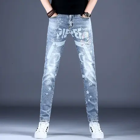 圣彬霸欧美风涂鸦印花牛仔裤男款修身小脚秋冬潮流2023新款裤子男商品大图