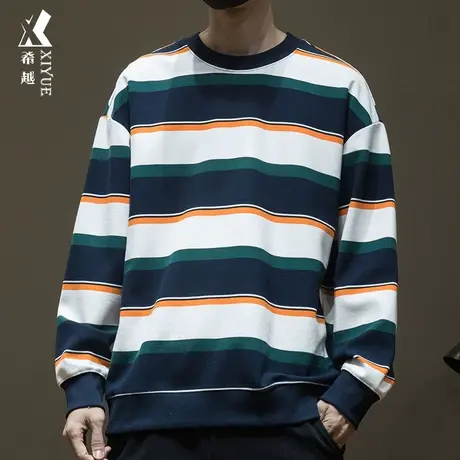 希越条纹撞色休闲卫衣男秋冬学院风320g重磅宽松大码简约套头上衣商品大图