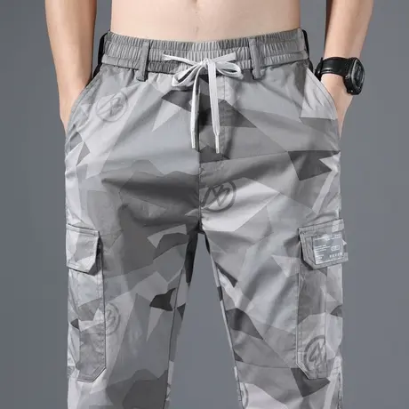 夏季薄款松紧腰抽绳束脚九分迷彩休闲裤子男士冰丝速干运动工装裤商品大图