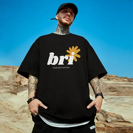 美式重磅潮牌宽松T恤胖子短袖加肥加大半袖纯棉字母大码男装夏季商品大图