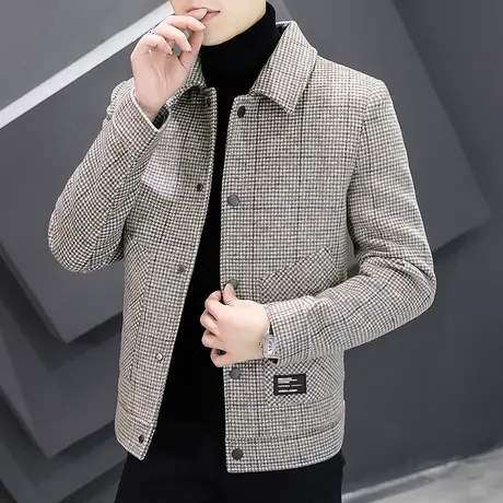 格子夹克男新款秋季潮流帅气上衣男外套春秋款加厚翻领羊毛短大衣图片