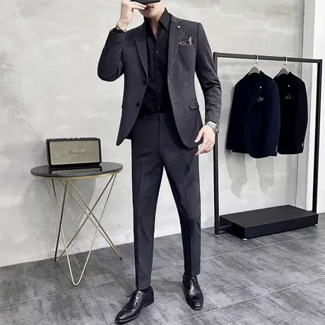 意式戗驳领双开衩西装男夏季薄款垂感大码外套商务通勤西服三件套图片