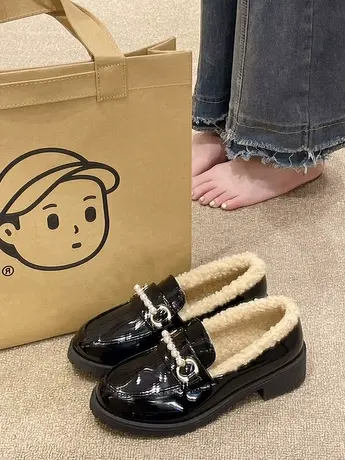 冬季加绒防滑豆豆鞋女乐福鞋平底一脚蹬时尚保暖棉鞋粗跟毛毛鞋子商品大图