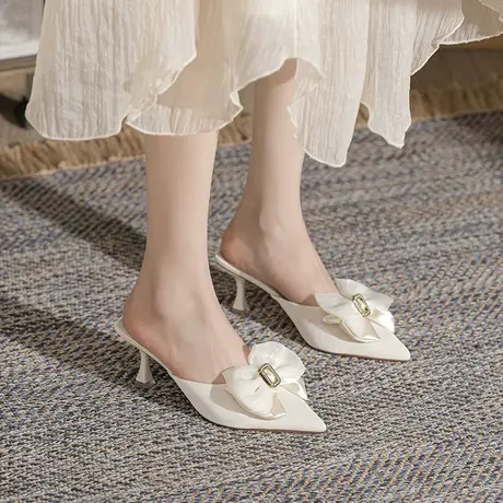 蝴蝶结包头半拖女细跟2024年夏季新款时尚百搭中跟尖头高跟凉拖鞋图片