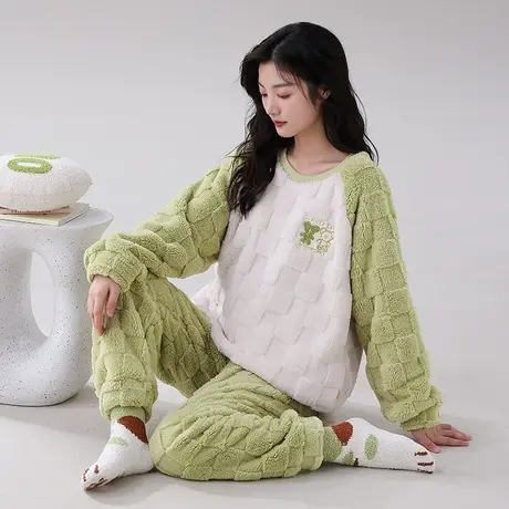 法兰绒睡衣女冬款套装秋冬珊瑚绒套头冬季家居服2023新款加绒加厚图片