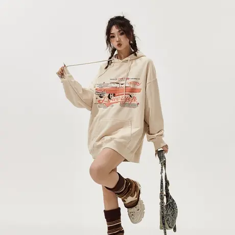 YEP美式复古连帽卫衣女春秋2024年新款街头汽车印花宽松潮牌外套商品大图