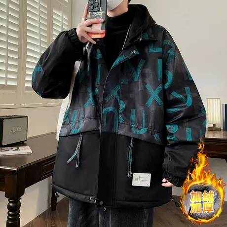 冬季青少年印花保暖派克服12岁13-17男生加绒加厚外套阔版棉衣服商品大图
