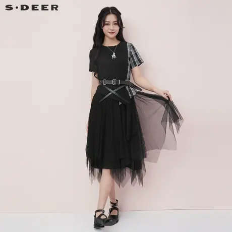 sdeer圣迪奥夏季圆领格纹拼接不规则网纱通勤短袖连衣裙S21261204图片