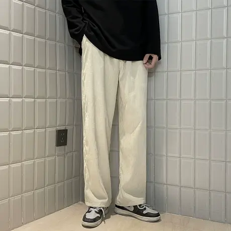 灯芯绒裤子男款白色日系复古秋冬季美式休闲加绒工装宽松直筒卫裤图片