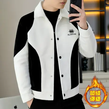 冬款潮牌仿水貂绒夹克男翻领帅气加绒加厚冬装高级感拼色毛呢外套图片