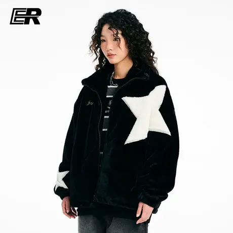 !ER撞色星仿兔毛棉衣男冬季宽松加绒外套国潮牌休闲情侣毛绒棉服商品大图
