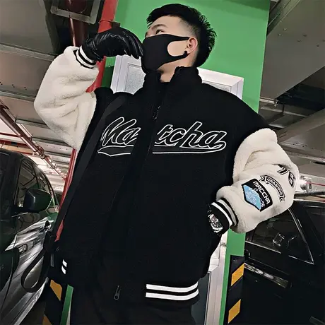 美式字母刺绣摇粒绒棉衣外套男冬季时尚潮牌保暖加厚羊羔毛棉服图片