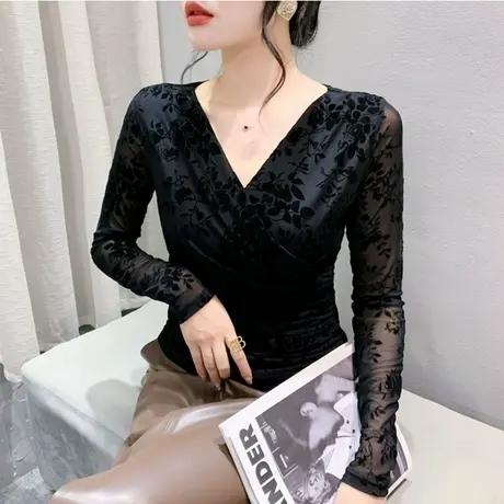 性感时尚交叉V领褶皱双层网纱长袖洋气减龄上衣女修身T恤打底小衫商品大图