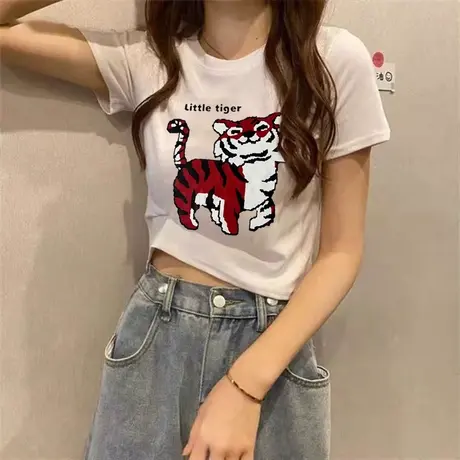 2023夏季新款可爱小老虎印花短袖t恤女洋气百搭白色圆领打底上衣图片