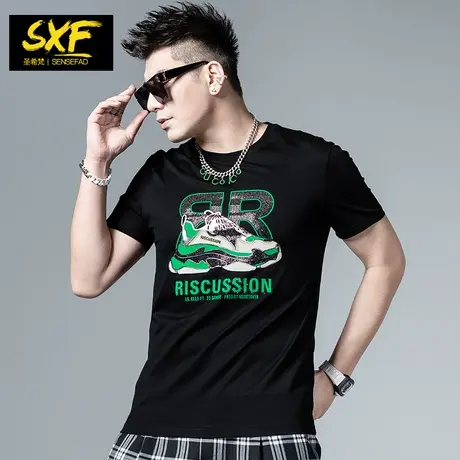 SXF圣希梵男士短袖 2023夏季纯棉上衣欧美烫钻潮流印花修身T恤男商品大图