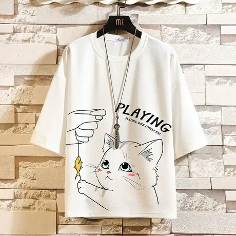 卡通猫咪七分袖T恤男2023夏季新款宽松纯棉圆领半袖潮牌薄款打底商品大图
