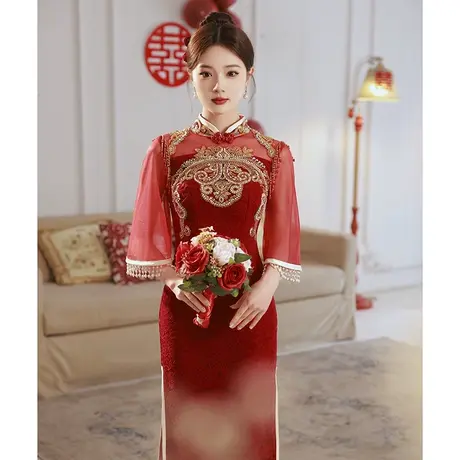 旗袍敬酒服新娘2024新款女夏季高级感中式订婚礼服连衣裙秀禾蕾丝商品大图