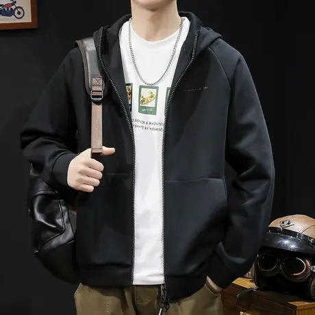 春秋拉链开衫卫衣男连帽2024新款男款潮牌大码男士运动外套黑色商品大图