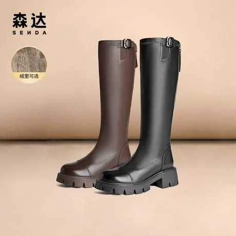【百丽集团专场】森达骑士靴2023冬季机能风皮带扣加绒休闲长筒靴图片