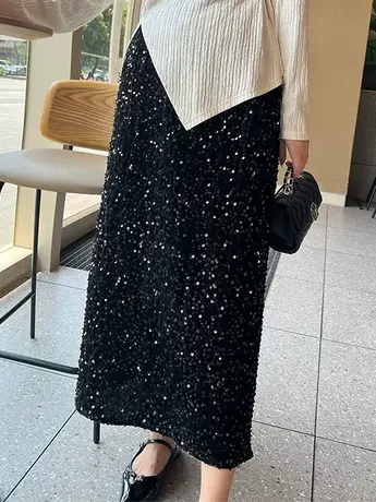 丝绒亮片半身裙女早春季2024新款黑色半裙亮闪闪长裙闪钻ins裙子图片